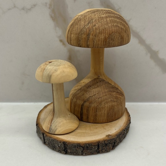 Vintage Wooden Mushrooms on Wooden Base Likely Hobbyist - Picture 1 of 5